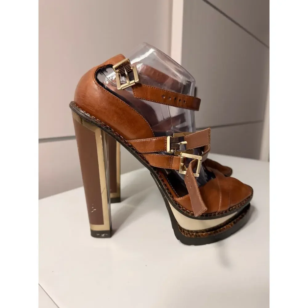 Brian Atwood Leather Gold Platform Heels EU 40